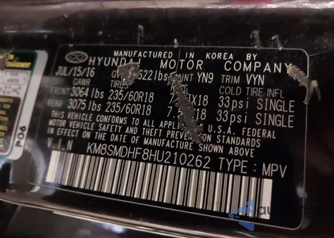 2017 Hyundai Santa Fe Se из США, поврежденный, VIN KM8SMDHF8HU210262